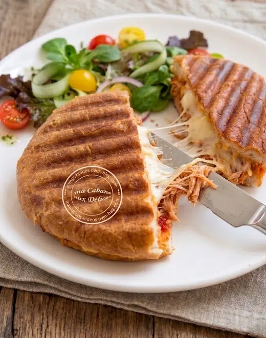 Pain hamburger cuit façon panini garni au thon, mozza harissa