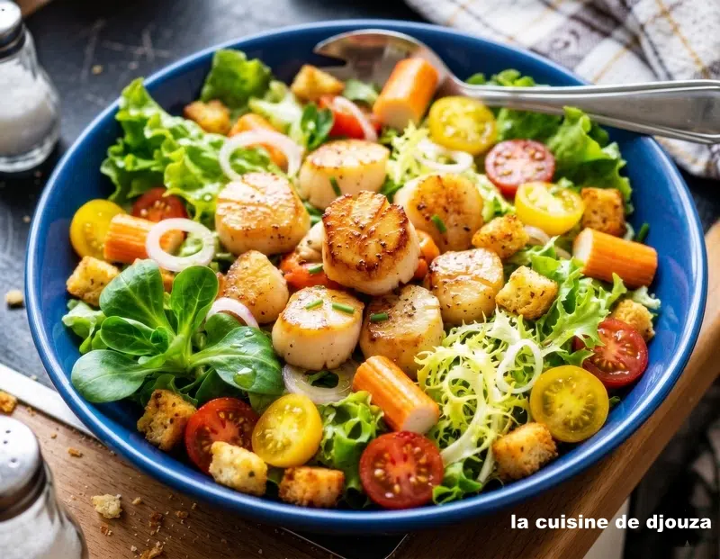 Salade de crudités aux saint jacques snackées