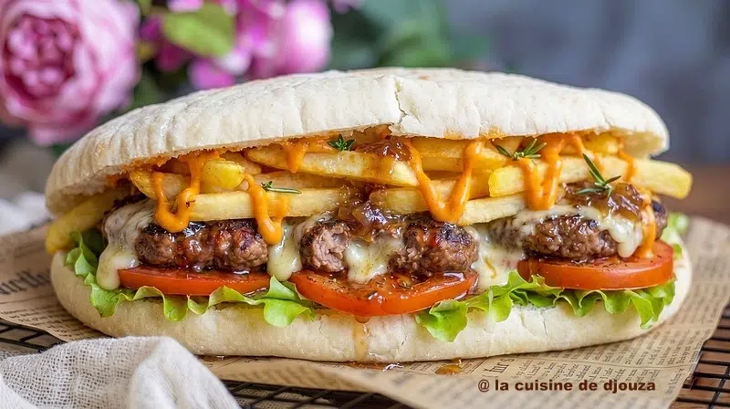 gros plan sur sandwich américain maison avec steak, frites et fromage fondu