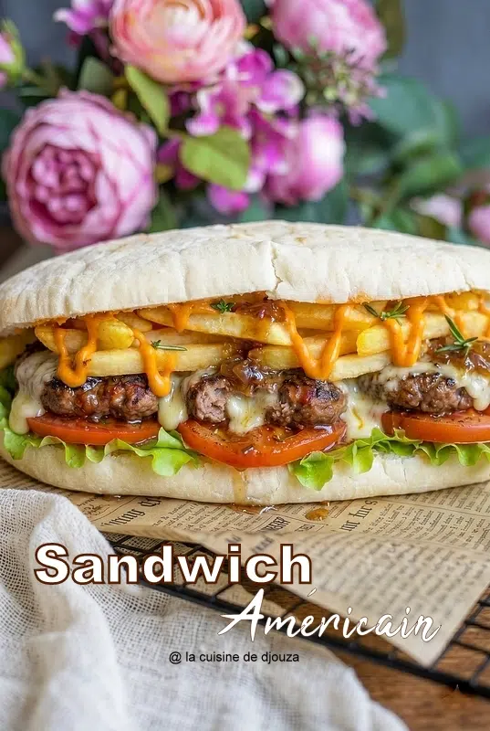 Sandwich avec pain baguette garni de steak frites et salade tomate façon américain