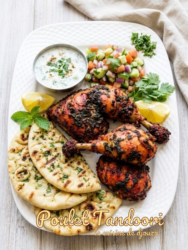 Assiette de poulet tandoori avec accompagnements et naan maison