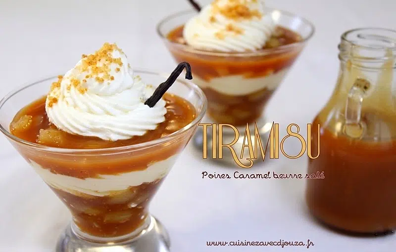 Tiramisu aux poires sauce caramel beurre salé
