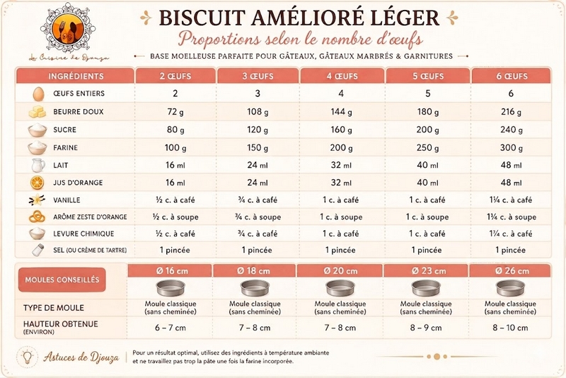 Tableau des proportions d'oeuf pour biscuit léger