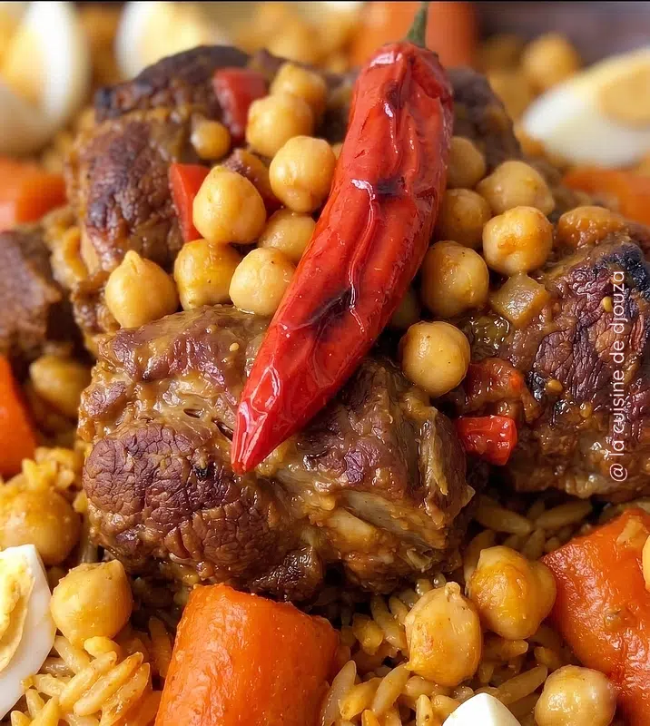 Tlitli algérien à la viande d’agneau fondante en sauce rouge