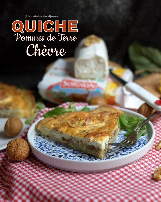 Quiche sans pâte aux pommes de terre, fromage de chèvre Soignon, oignons caramélisés et noix de Grenoble