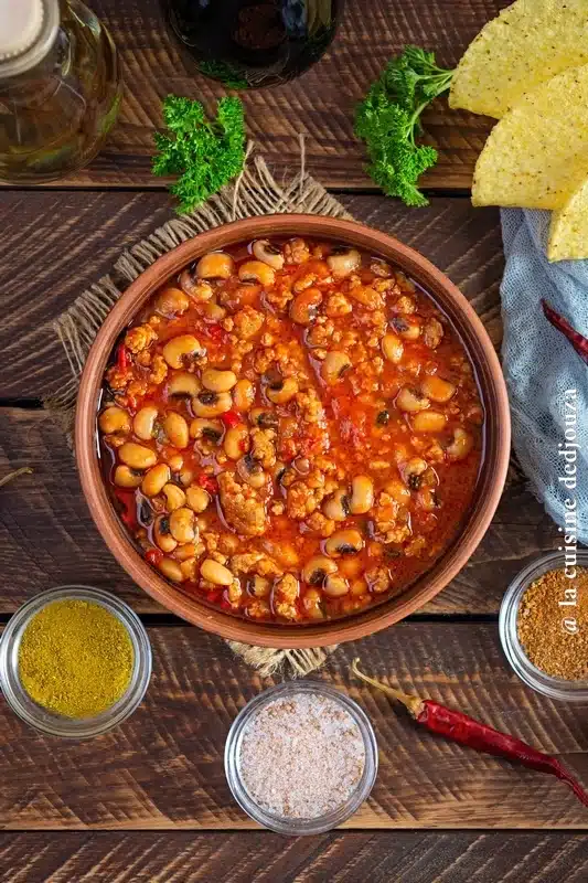 Chili con carne mexicain aux haricots oeil noir