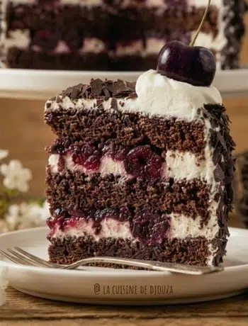 Tranche de gâteau forêt-noire sans alcool laissant apparaître les disques de génoise au chocolat et la chantilly
