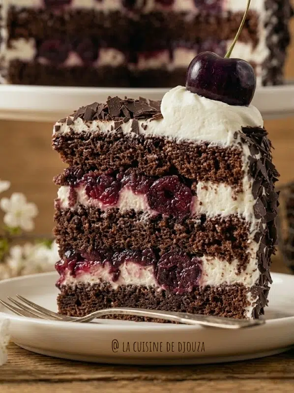 Tranche de gâteau forêt-noire sans alcool laissant apparaître les disques de génoise au chocolat et la chantilly